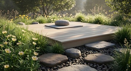 outdoor meditation platform with zen stones in a lush green garden for yoga studio websites, mindfulness blogs, wellness presentations, and peaceful natural backgrounds