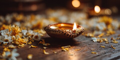 Diwali Celebration - A Lit Diya Amidst Floral Decorations.