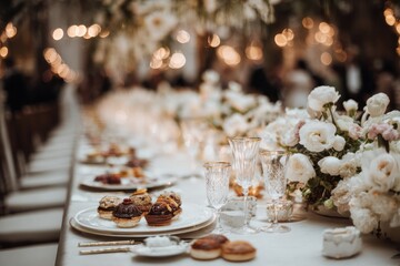 Elegant Wedding Table Setting with Floral Centerpieces and Desserts.