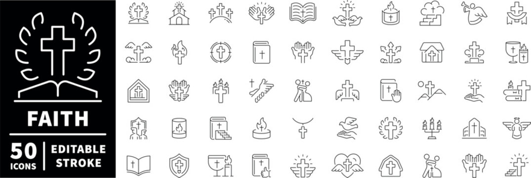 Faith icons set. editable line icons for spiritual and religious themes