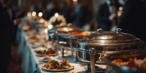 Elegant Buffet Table at a Wedding Reception with Food.