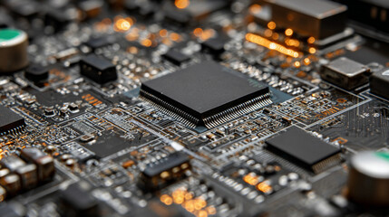 Closeup of a modern computer motherboard with a central processing unit, showcasing intricate circuitry and technology