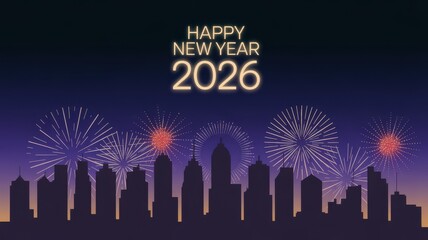 Happy new year 2026 cityscape skyline with fireworks celebration festive season