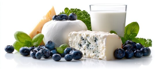 Dairy Delights - A Fresh Assortment of Milk, Cheese, and Blueberries.