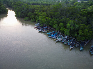 Geladhak Lanjhang estuary with calm tidal water meeting the sea, warm light over mangroves, gentle ripples and a peaceful coastal landscape suitable for natural visuals