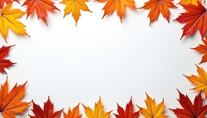 Fototapeta premium Vibrant red orange yellow autumn leaves frame white blank background. Fall season foliage forms border for copy space. Natural maple leaf decor template for seasonal graphic design. Warm colors of