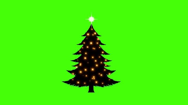 Animated Black Christmas Tree Silhouette with Sparkling Lights on Green Screen (Chroma Key)