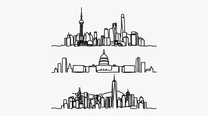 City skyline illustration vector of Shanghai Washington DC and New York