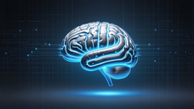 Glowing futuristic digital brain with neural network