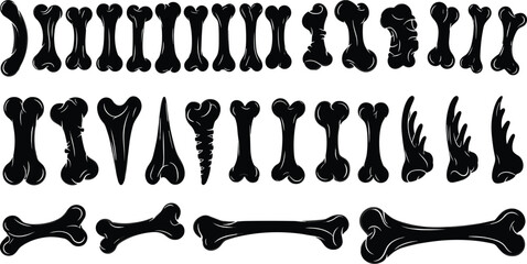 Stylized bone vector illustration set, black anatomical silhouettes, twisted and cracked bone shapes, skeletal design elements, medical and artistic graphics