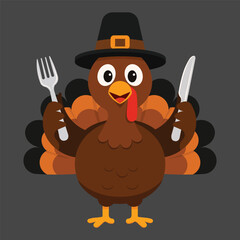 Full-body cartoon turkey character wearing a black Pilgrim hat, standing front-facing on a dark gray background. The turkey is humorously holding a silver fork in one hand and a knife in the other, re