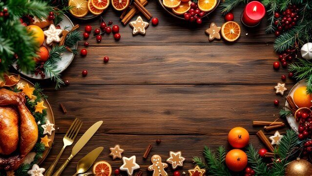 Festive Christmas dinner setting with roasted turkey and gingerbread cookies on rustic wood table, perfect for holiday promotions and seasonal recipes - Powered by Adobe