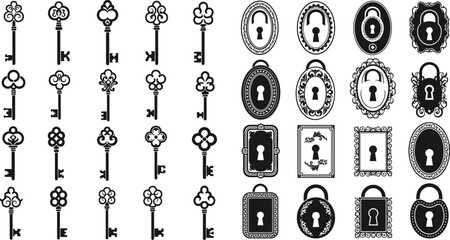 Vintage key and keyhole vector set, antique lock designs, ornate silhouettes, decorative elements, padlock icons, retro security graphics, old-fashioned style