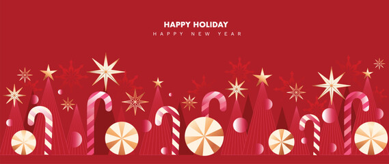 Christmas vector greeting card illustration with red background, candy canes, stars and festive sweets for Happy New Year — bright holiday design
