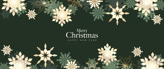 Christmas vector greeting card illustration with dark green background, cream snowflakes and gold accents for Happy New Year — festive winter design