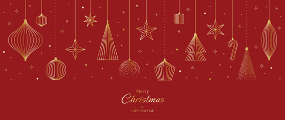 Obraz na płótnie Canvas Christmas vector greeting card illustration with red background, gold hanging ornaments and stars for Happy New Year — elegant festive design