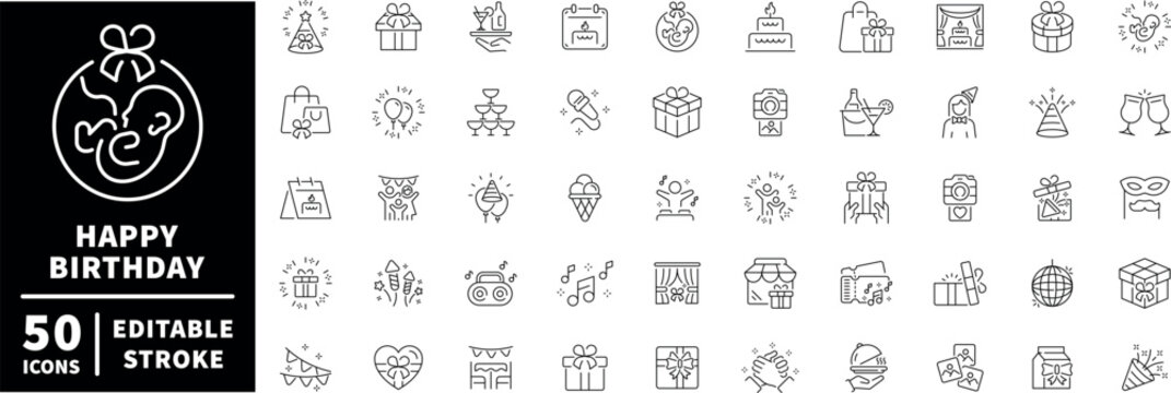 Birthday celebration icons set. editable line icons, outline, party, gifts, and fun