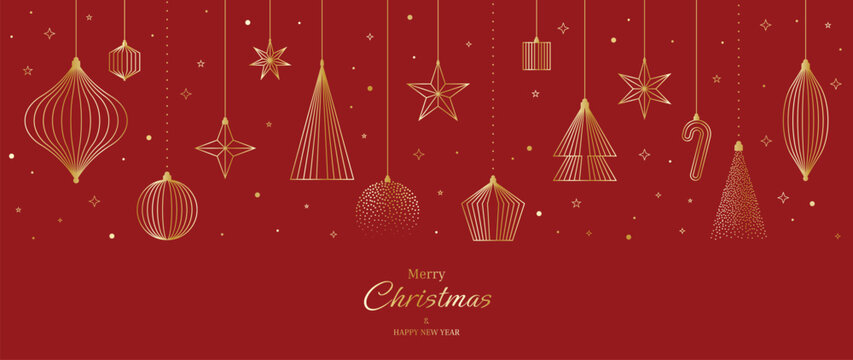 Christmas vector greeting card illustration with red background, gold hanging ornaments and stars for Happy New Year &mdash; elegant festive design