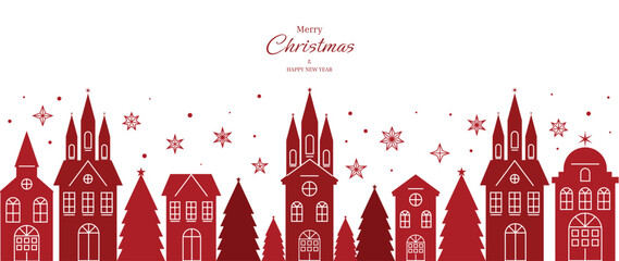 Obraz na płótnie Canvas Christmas vector greeting card illustration with red and white village scene, trees and stars for Happy New Year — classic winter design