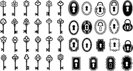 Vintage keys and keyholes vector set, ornate lock designs, antique silhouettes, decorative elements, padlock icons, retro security graphics, old-fashioned style