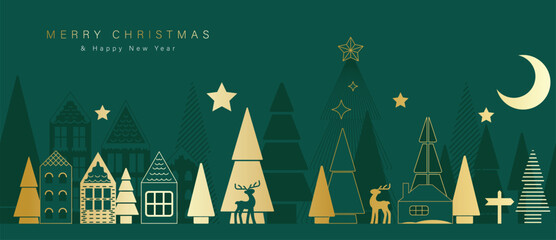 Obraz premium Christmas vector greeting card illustration with green background, village houses, moon and trees for Happy New Year — peaceful winter design