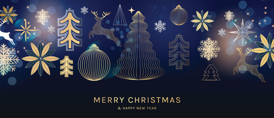 Obraz premium Christmas vector greeting card illustration with blue background, gold trees, reindeer and snowflakes for Happy New Year — festive winter design