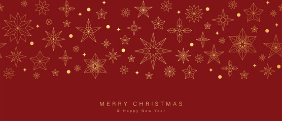 Obraz na płótnie Canvas Christmas vector greeting card illustration with red background, gold stars and snowflakes for Happy New Year — festive decorative design
