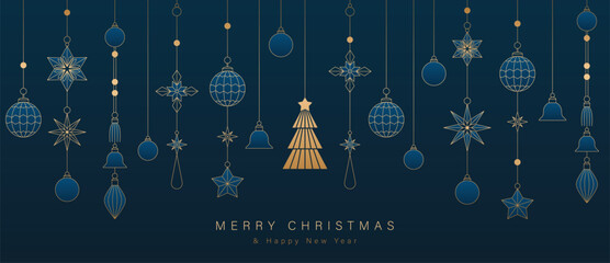 Obraz na płótnie Canvas Christmas vector greeting card illustration with blue background, gold hanging ornaments and stars for Happy New Year — elegant festive design