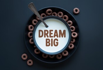 Dream big motivational text in milk bowl with chocolate cereal rings
