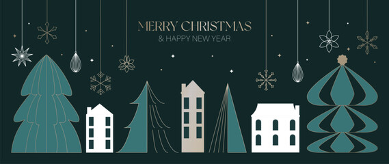 Fototapeta na wymiar Christmas vector greeting card illustration with green background, trees, houses and hanging ornaments for Happy New Year — cozy holiday design