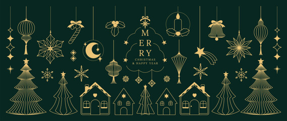 Naklejka premium Christmas vector greeting card illustration with dark green background, gold houses, trees, stars and hanging ornaments for Happy New Year — elegant holiday design