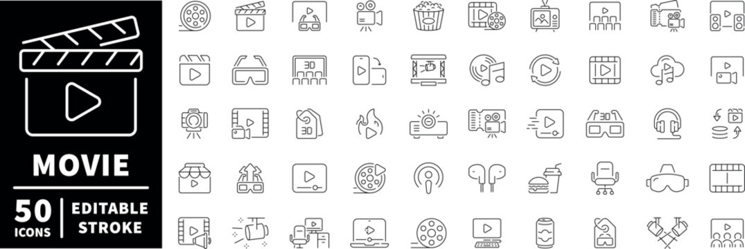 Movie and cinema icons set. line, editable line icons for film and video projects