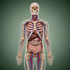 Human Anatomy Illustration Showing Internal Organs and Skeleton