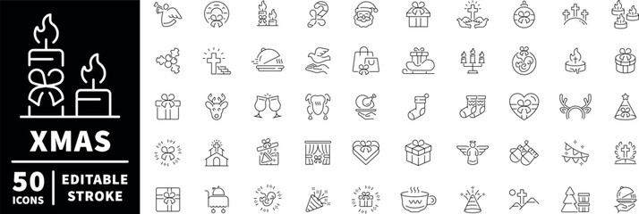 Christmas and holiday icons set. editable line icons, outline, seasonal, festive