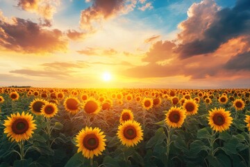 A field of sunflowers stretching to the horizon under a sky painted with hues of orange and pink, with the sun setting behind the clouds, casting a warm glow on the scene.