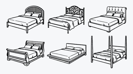 Collection of different style beds illustrations for design and decoration projects