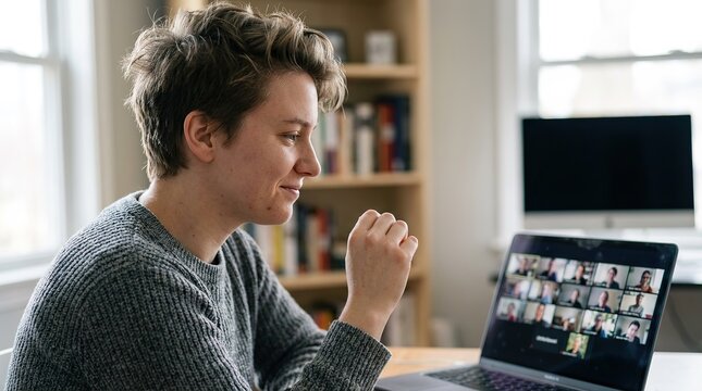 A person at home is connecting with group of people, participating in a video conference from the comfort of their home, engaging with colleagues or friends through a digital window. 