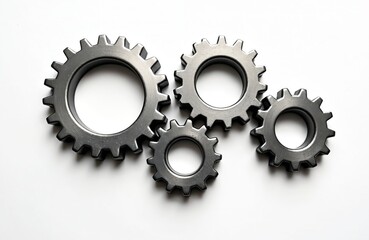 Four metal gears lie on white background. Cogwheels different sizes. Engineering system, teamwork, business communication concept. Gears symbolize machinery, industry, technology. Silver metallic