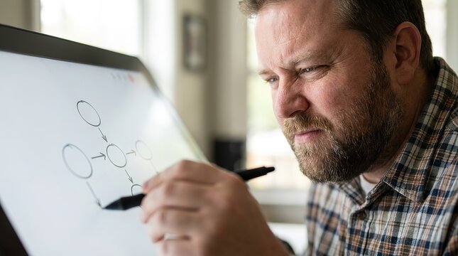 An focused professional diligently sketches a mind map on a large digital tablet, his attention and determination are palpable.