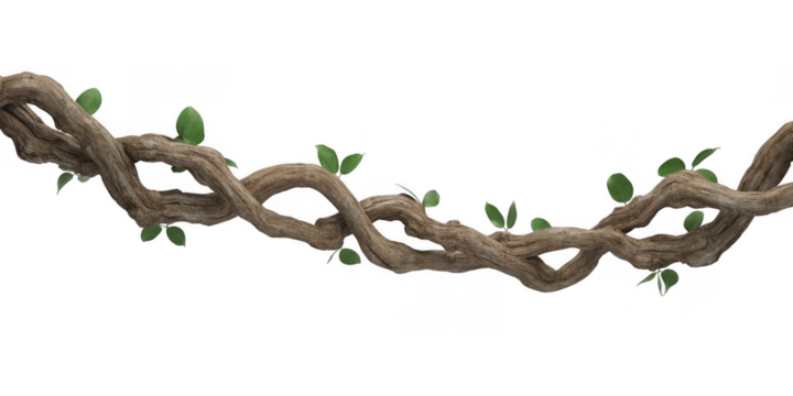 Twisted wooden vine with green leaves isolated on a transparent background