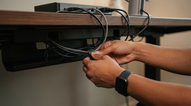 Organized office desk, managing cables and wires in a modern workspace. showing attention to organization and order.