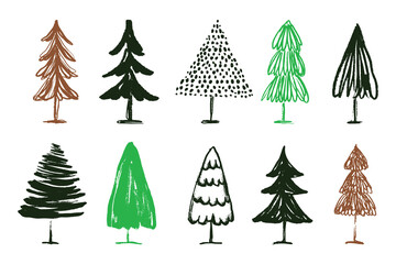 Obraz premium Christmas Tree Set with Stars and Ornaments in Hand-Drawn Style. Festive decorated pine collection for winter holiday cards, wrapping paper, digital design, and seasonal invitations. Rustic winter