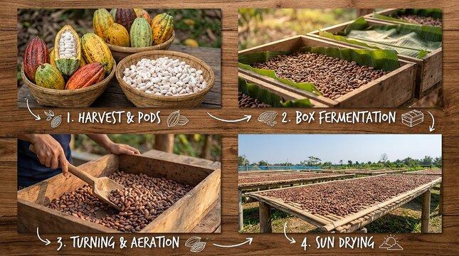 A step-by-step photographic journey detailing the natural process of cultivating cacao beans, from harvesting pods to sun drying.