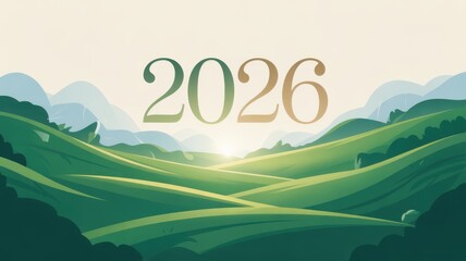 Upcoming year 2026 landscape background with sun rays between hills nature