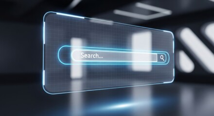 Holographic search bar interface floats in a dark futuristic setting.
