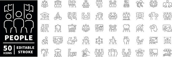 People community icons set. editable line icons, outline style, social symbols