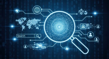 Digital search interface with magnifying glass and global network connections.