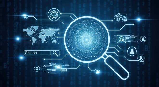 Digital search interface with magnifying glass and global network connections.