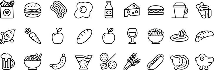 Assortment of Outline Icons for Food and Drink Items vector illustration