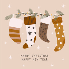 Marry Christmas and Happy New Year card  with christmas socks for gifts christmas. Vector